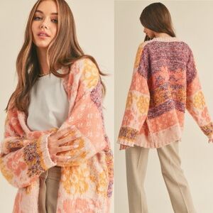 Peach orange oversized fuzzy floral Sherpa boho bohemian cardigan sweater
